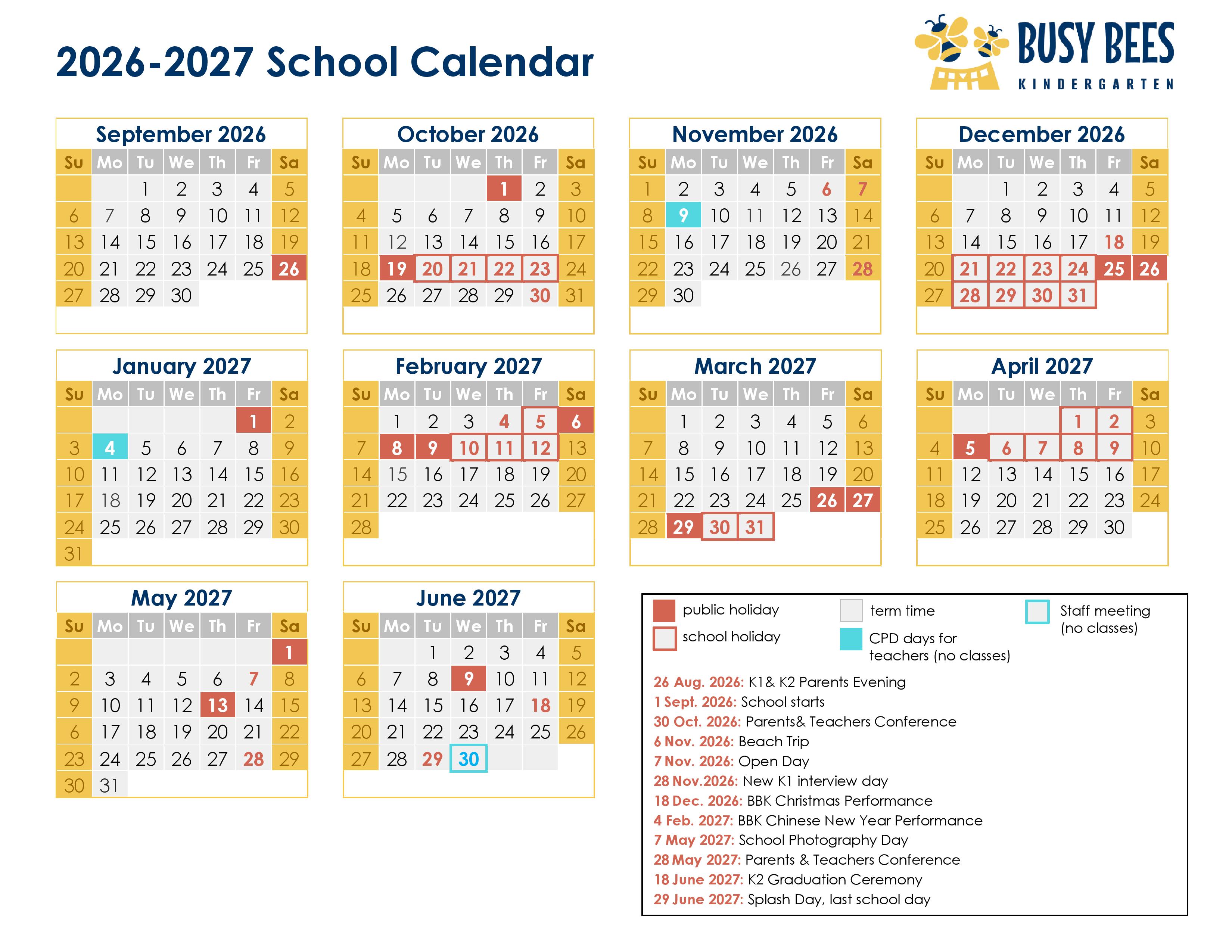 BBK school calendar 2026-2027